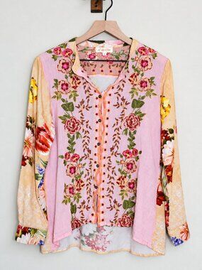 All About Her Pink Floral Embroidered Mixed Print Tunic Blouse S Boho